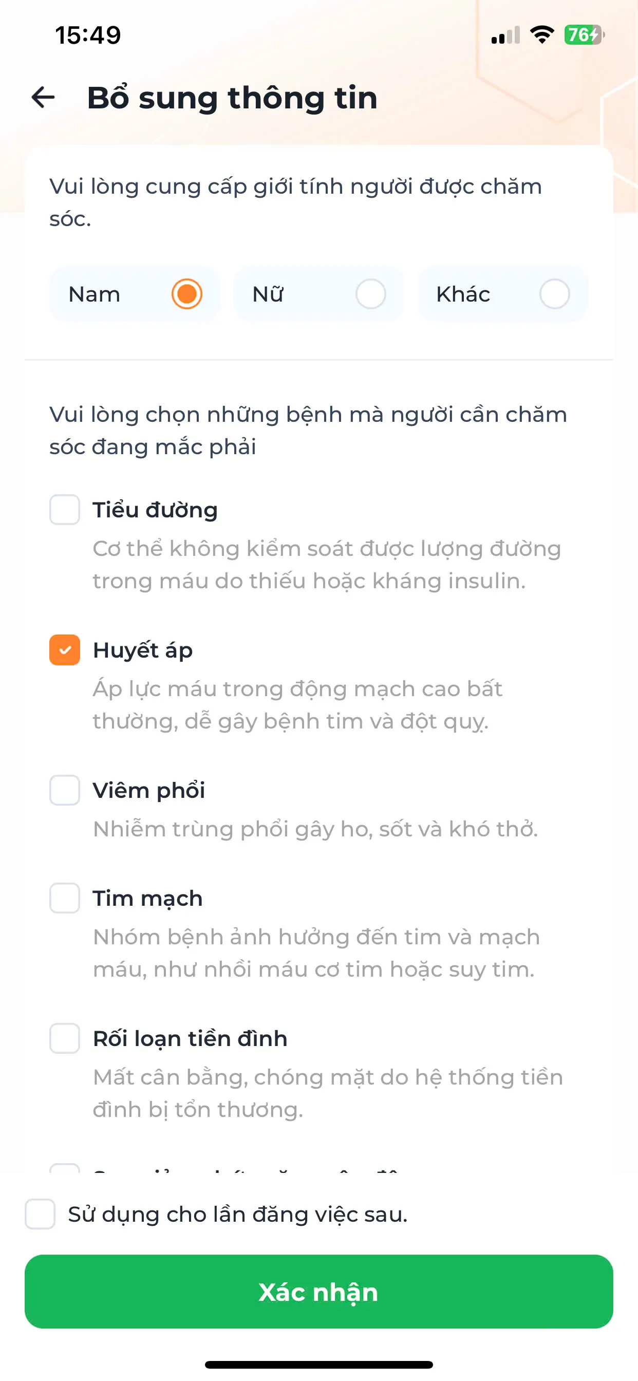 Cung cấp thông tin người được chăm sóc