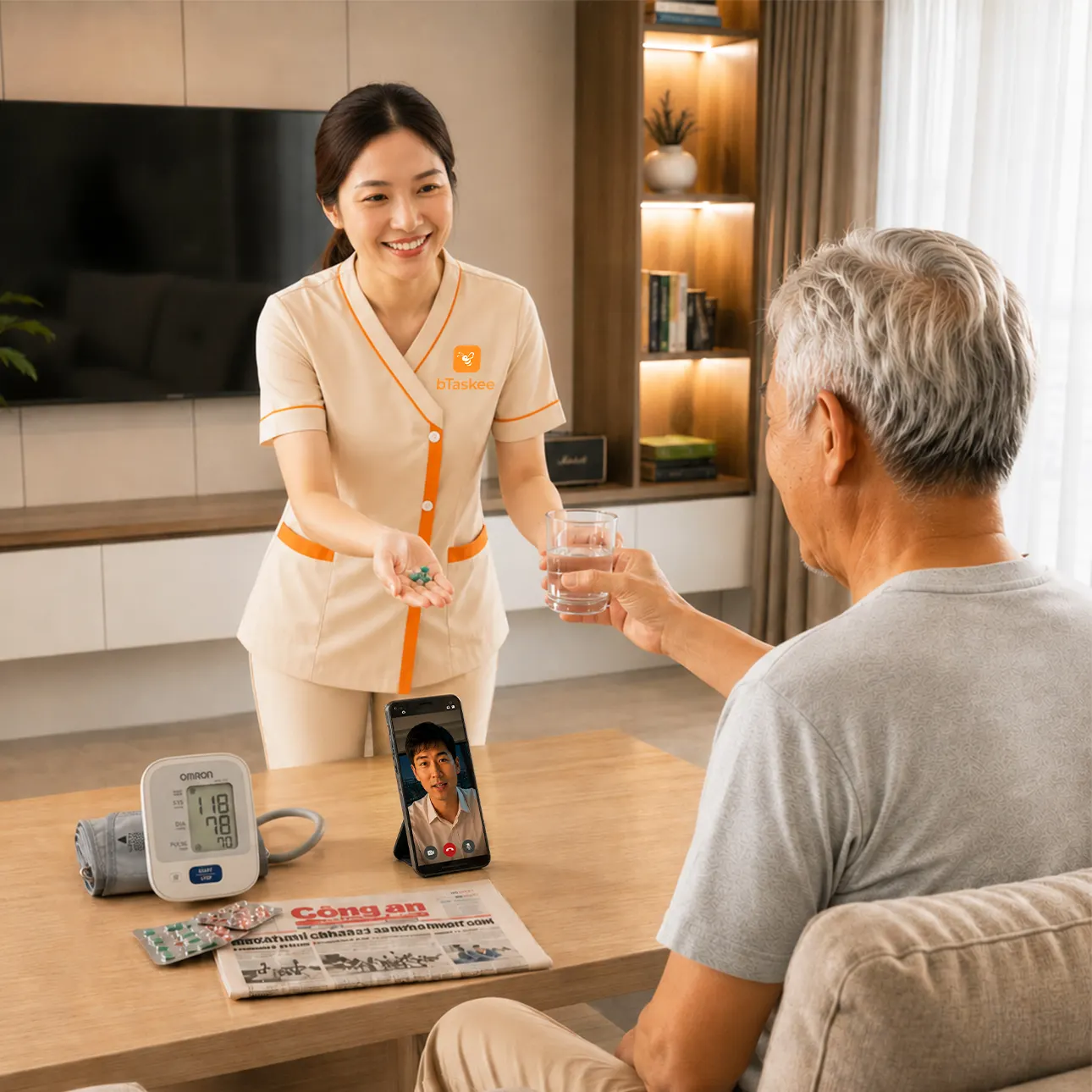 Chăm sóc viên bCare đưa thuốc cho cụ ông