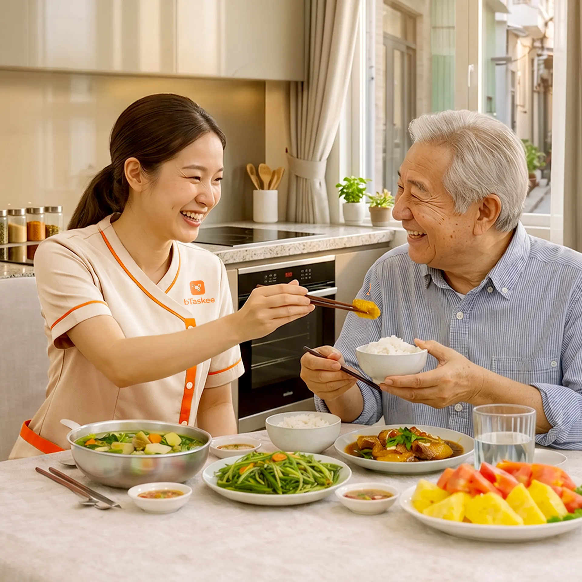 Chăm sóc viên hỗ trợ cụ ông ăn uống
